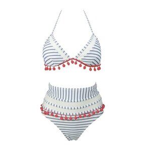 Cocoship Pom Pom Trim Striped High Waist Bikini Set White Light Slate Blue 8 New